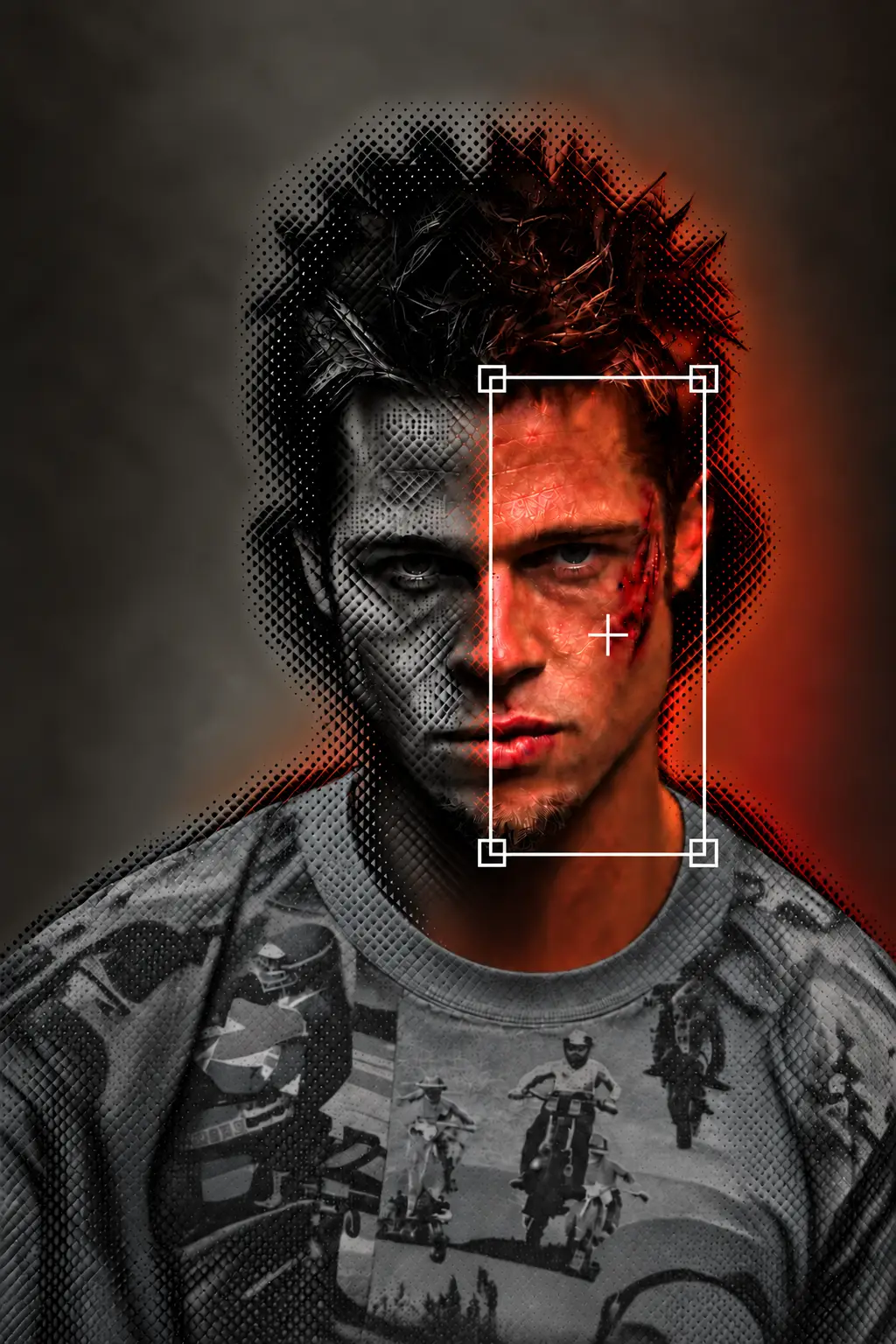 A portrait lit half in red, half dissolving into blue, with a camera reticle framing the side still in focus.